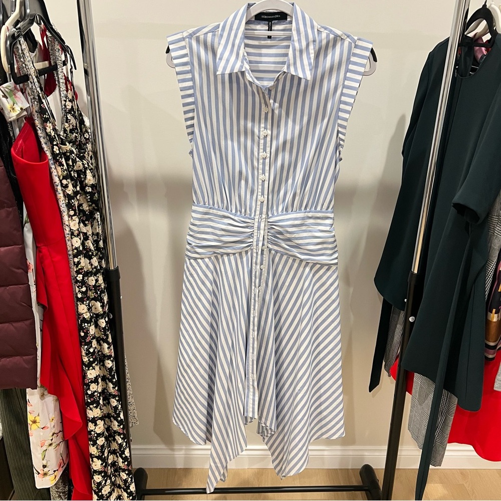 BCBGMaxAzria Blue & White Striped Asymmetrical Shirt Dress